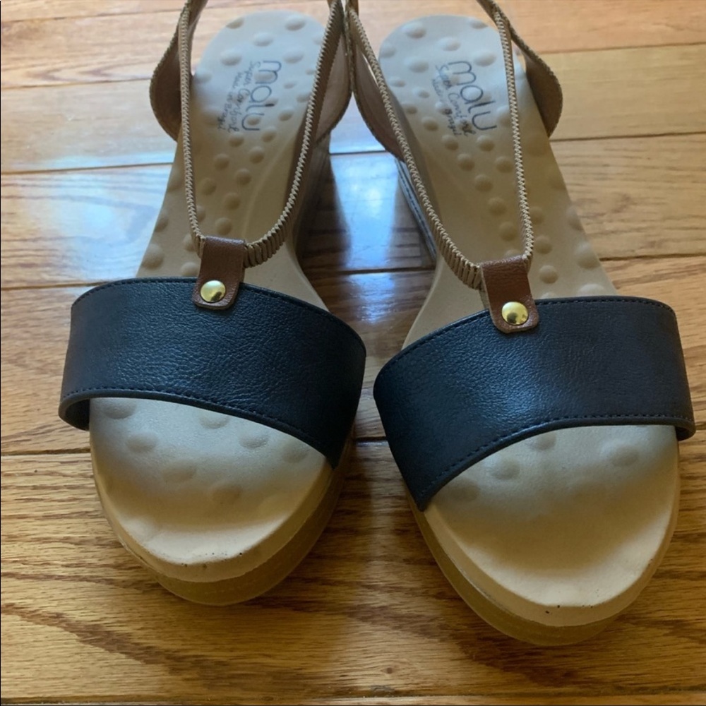 Blue and Tan/Brown Malu Wedge Strap Scandal Slightly Worn